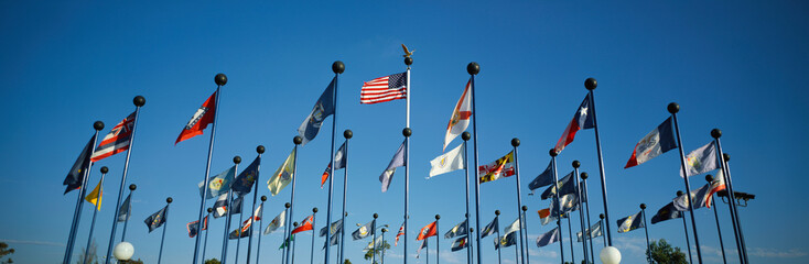 There are 50 State Flags waving in the wind on flagpoles equal distant apart against a blue sky, with the American flag in the center. These are located at Sea World.