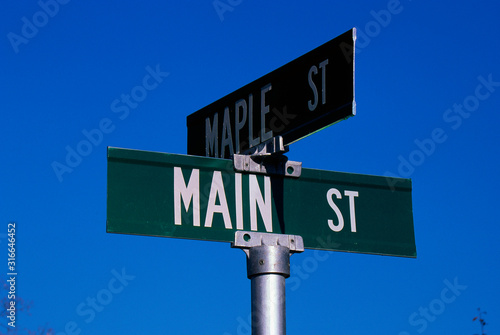 This is a street sign labeling the corner of Main Street & Maple Street. The sign is green with white lettering against a blue sky. photo