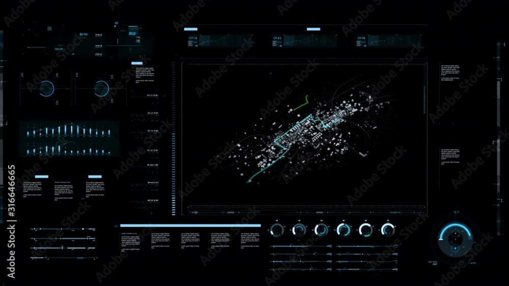 Futuristic user interface with graph bar element and city map with GPS navigator and different color route waypoint over the dark background Futuristic user interface with graph bar element and city map with GPS navigator and different color route waypoint over the dark background