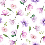 Watercolor seamless pattern with pink and lilac tropical flowers magnolias and green leaves. Wedding invitations, greeting cards
