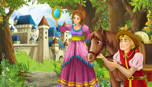 Cartoon nature scene with beautiful castle near the forest and princess - illustration for the children