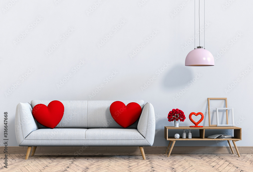 living room and sofa interior design 3D illustration, valentine. - obrazy, fototapety, plakaty 