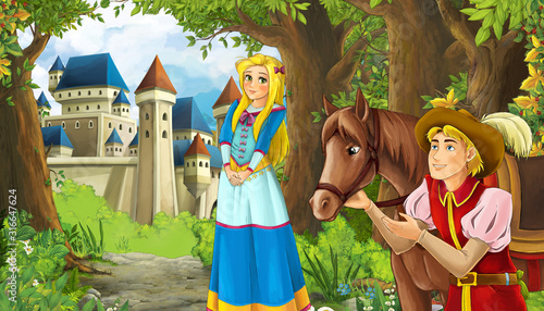 Fototapeta Naklejka Na Ścianę i Meble -  Cartoon nature scene with beautiful castle near the forest and princess - illustration for the children