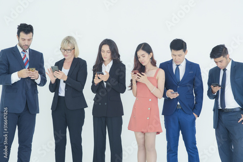 Asian caucasian businessmen businesswomen use smartphone typing message connection