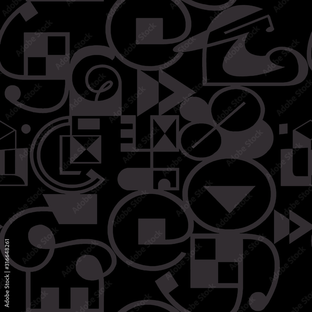 Geometric seamless pattern with Circles, Squares, Triangles and others shapes in Dark Grey over Black background