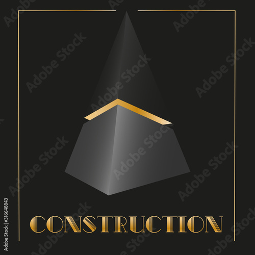 art abstract 3d logo in the form of a black cut pyramid with art deco gold