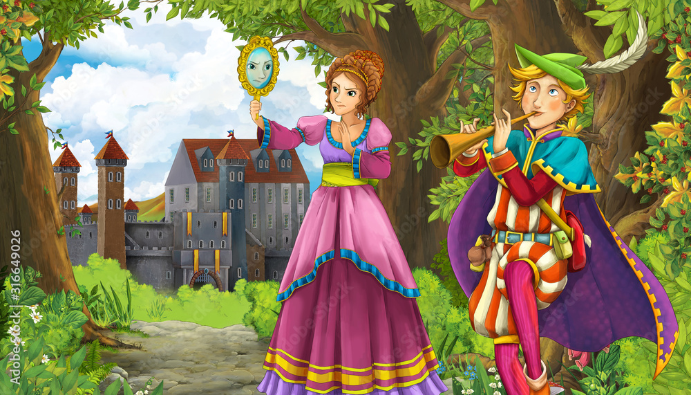Fototapeta premium Cartoon nature scene with beautiful castle near the forest and princess - illustration for the children