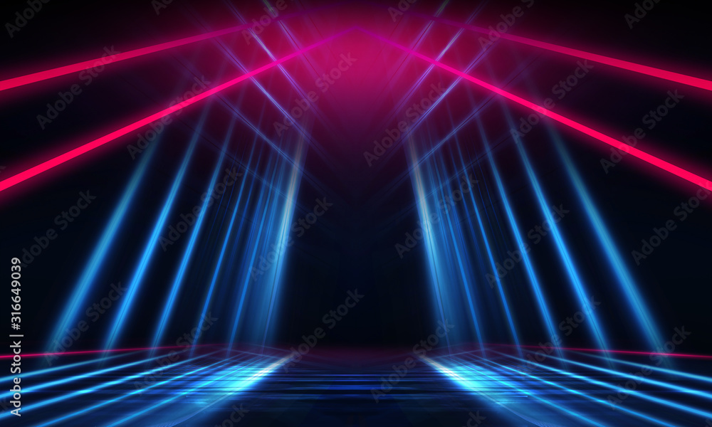 Fototapeta premium Empty dark abstract background. Background of empty show scene. Glow of neon lights on an empty concert stage.