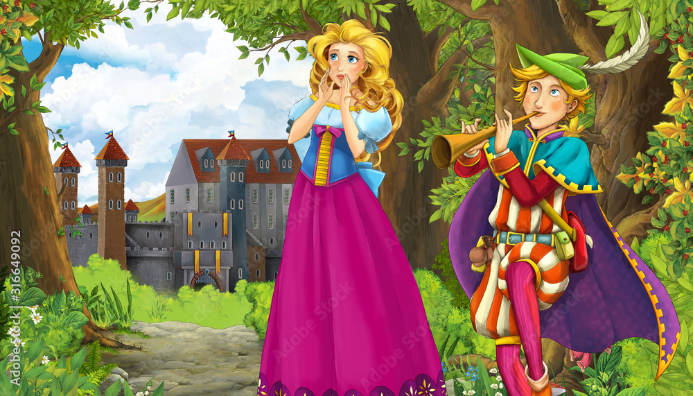 Cartoon nature scene with beautiful castle near the forest and princess - illustration for the children Cartoon nature scene with beautiful castle near the forest and princess - illustration for the children