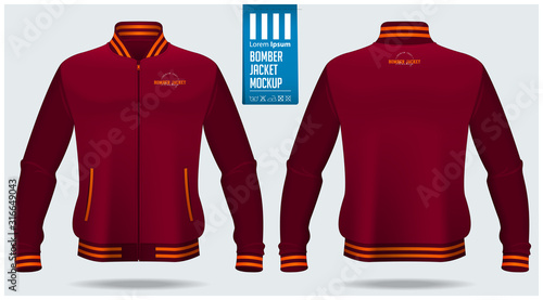 Zipped bomber jacket mockup template design for soccer, football, baseball, basketball, sports team or university. Front view, back view for jacket uniform. Vector Illustration.