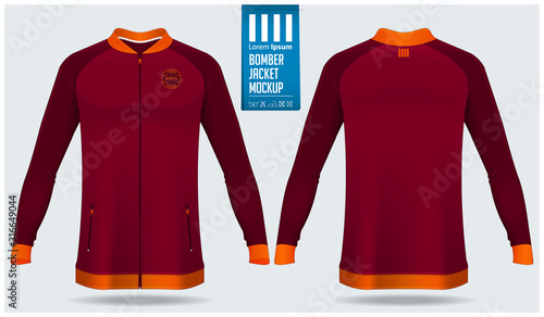 Zipped bomber jacket mockup template design for soccer, football, baseball, basketball, sports team or university. Front view, back view for jacket uniform. Vector Illustration.