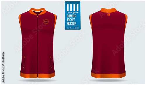 Zipped bomber jacket mockup template design for soccer, football, baseball, basketball, sports team or university. Front view, back view for jacket uniform. Vector Illustration.