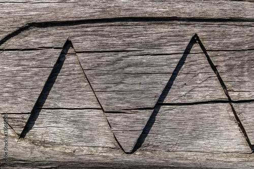 Carelessly carved triangles on a dry cracked tree photo