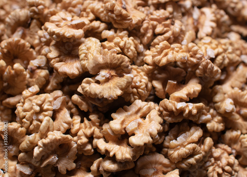 Walnut kernels close up. Top view 