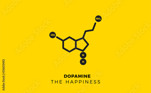 Dopamine, human hormone molecule on yellow background. Isolated Vector Illustration.