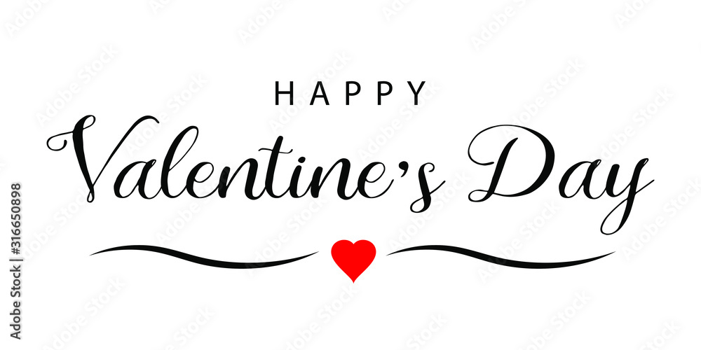 Happy Valentine's Day black text and red heart on a white background. Isolated. Design elements for prints, web pages, invitation, gift and greetings card, banners and templates