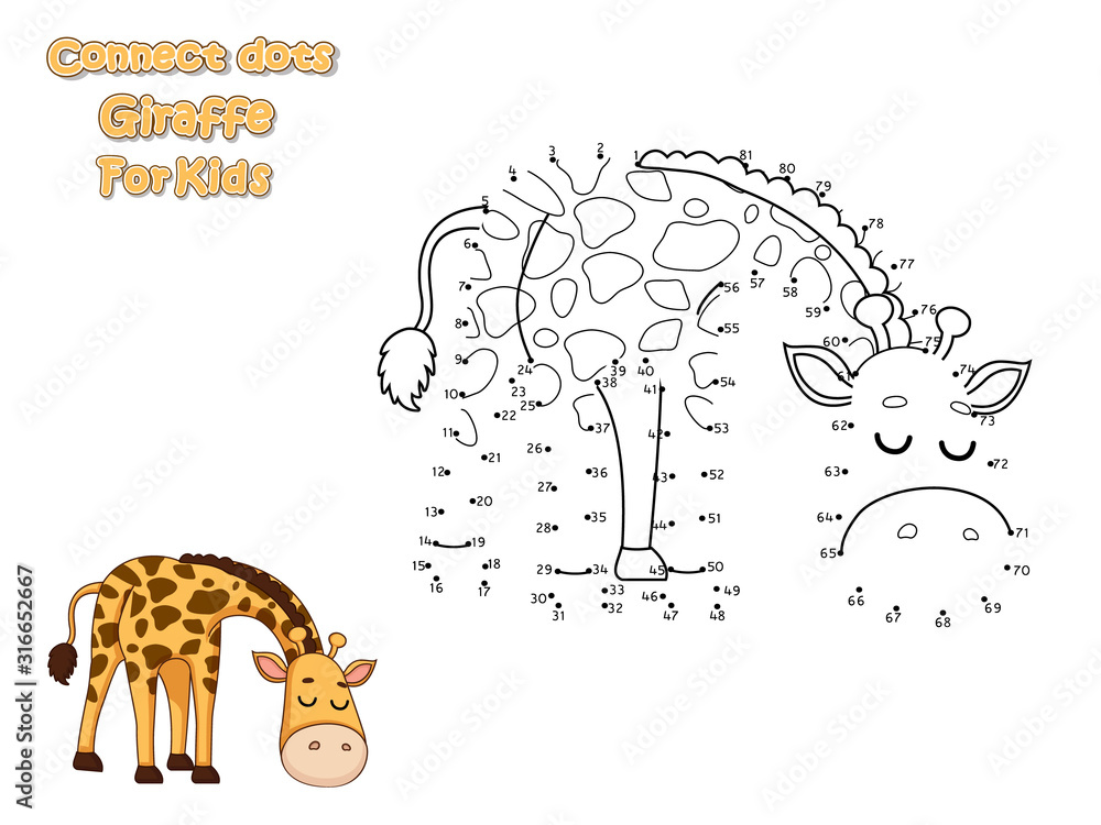 Connect The Dots and Draw Cute Cartoon Giraffe. Educational Game for