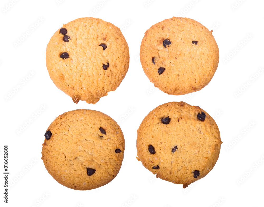 homemade chocolate chips cookies on white background in top view, clipoing paths homemade chocolate chips cookies on white background in top view, clipoing paths