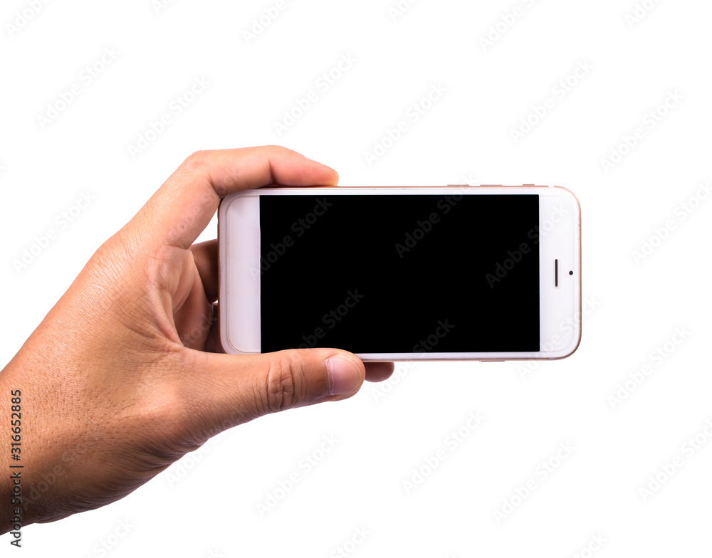 Man hand holding horizontal the white smartphone with blank screen, isolated on white background, clipping paths Man hand holding horizontal the white smartphone with blank screen, isolated on white background, clipping paths