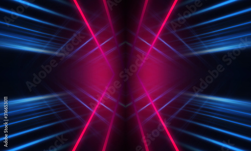 Dark neon background with lines and rays. Blue and pink neon. Abstract futuristic background. Night scene with neon  light reflection. Neon lines  shapes. Multi-colored glow  blurry lights.