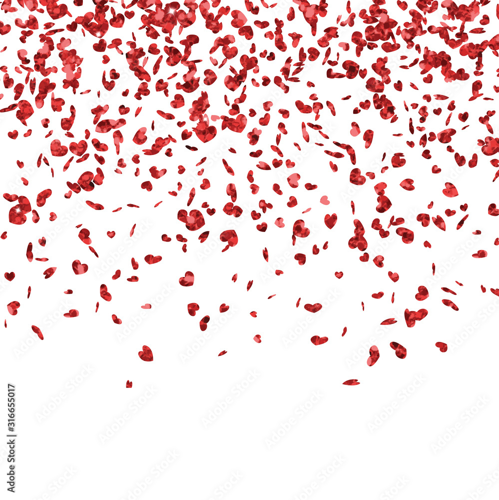 Vector background with red glitter falling heart border.