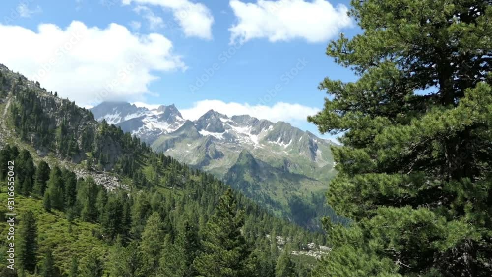 Aerial view over Gerlostal valley in high taunern mountain range. Pine tree forest and snowy peaks. Aerial view over Gerlostal valley in high taunern mountain range. Pine tree forest and snowy peaks.