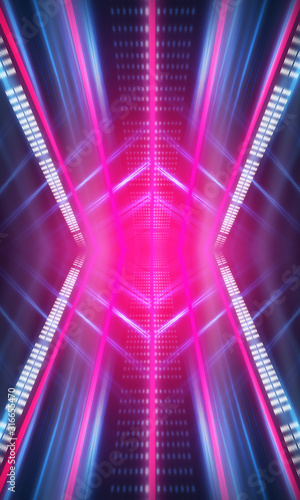 Fototapeta Naklejka Na Ścianę i Meble -  Dark neon background with lines and rays. Blue and pink neon. Abstract futuristic background. Night scene with neon, light reflection. Neon lines, shapes. Multi-colored glow, blurry lights.