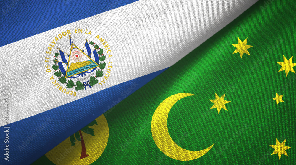 El Salvador and Cocos Keeling Islands two flags textile cloth, fabric texture El Salvador and Cocos Keeling Islands two flags textile cloth, fabric texture