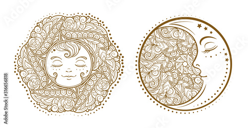 Ethnic sun and moon symbols. Temporary tattoo set.