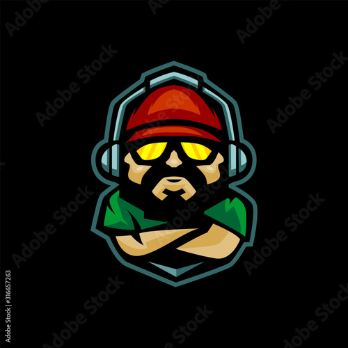 gamer with headphone and snap back mascot logo