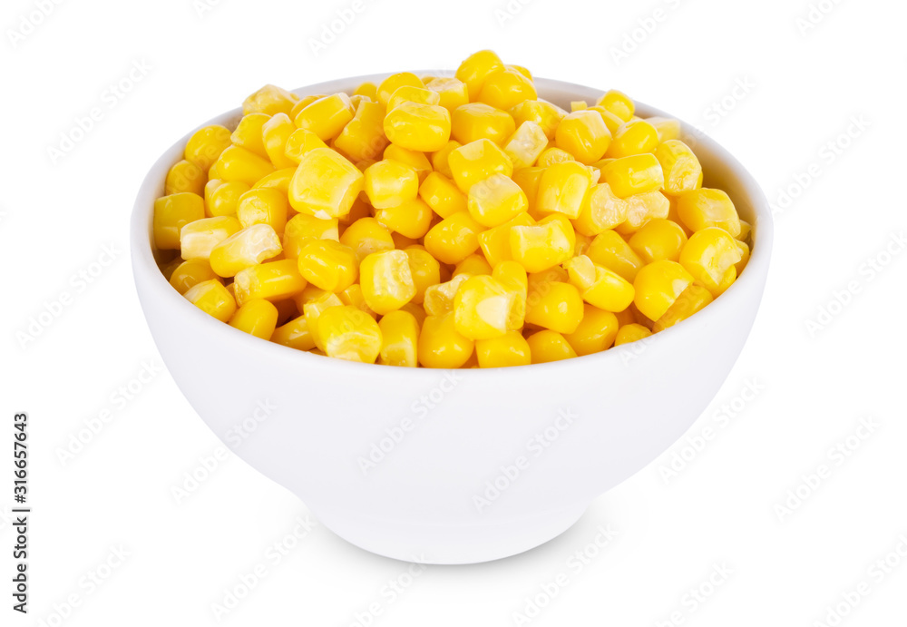 Boiled corn seeds in white bowl isolated on white background Boiled corn seeds in white bowl isolated on white background