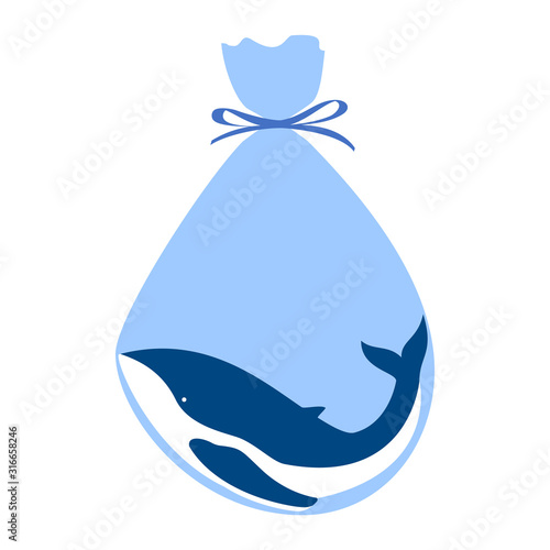 blue whale in polyethylene plastic transparent ocean blue package bag, stock vector illustration clip art isolated on white background