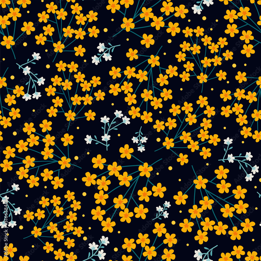 Beautiful seamless floral pattern with rich yellow flowers on a black background. A colorful Botanical print, creative fashion template... Bright blossom and dots. Vector hand-drawn illustration. Beautiful seamless floral pattern with rich yellow flowers on a black background. A colorful Botanical print, creative fashion template... Bright blossom and dots. Vector hand-drawn illustration.