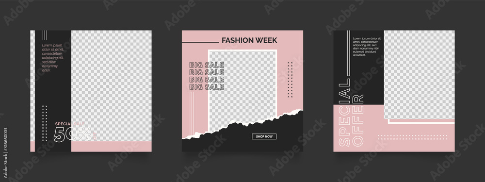 social media post template for digital marketing and sale promo. fashion advertising. banner offer. pink and black color. promotional mockup photo vector frame illustration. - obrazy, fototapety, plakaty 