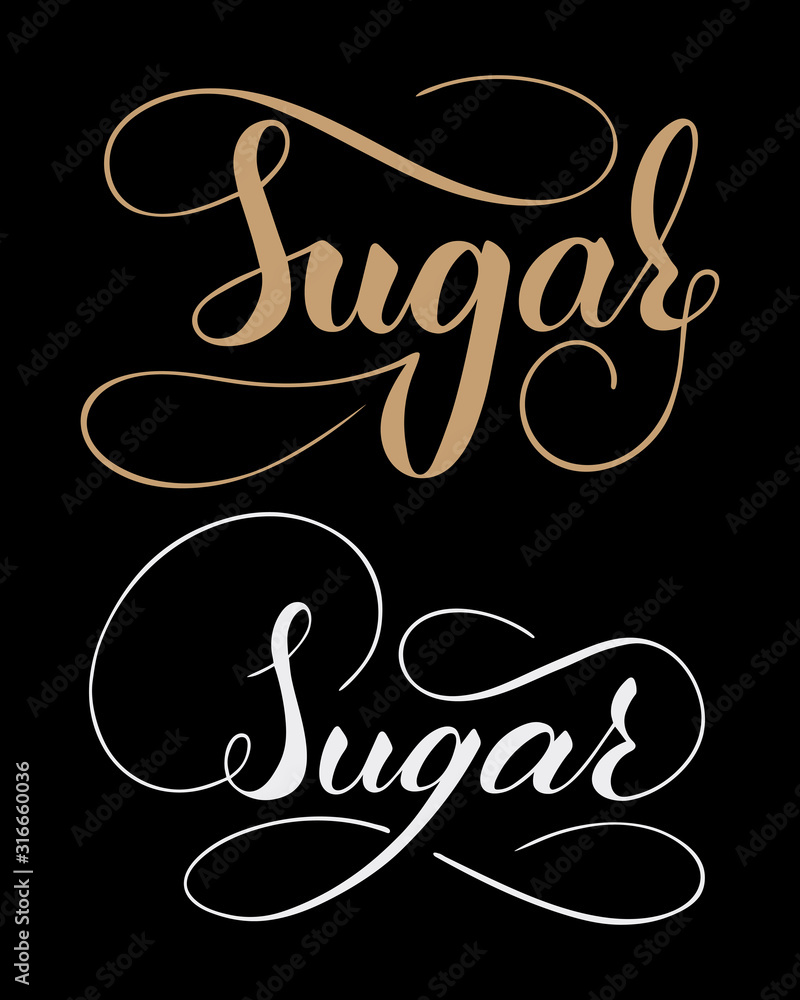 Vector hand written sugar text isolated on black background. Kitchen sweet spices for cooking. Script brushpen lettering with flourishes. Handwriting for banner, poster, product label Vector hand written sugar text isolated on black background. Kitchen sweet spices for cooking. Script brushpen lettering with flourishes. Handwriting for banner, poster, product label