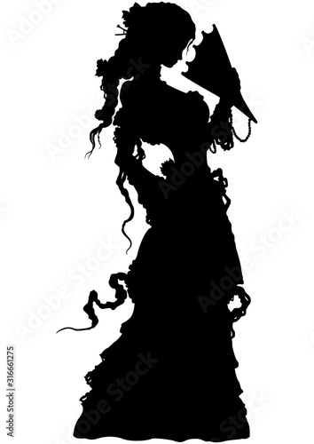 Fantasy romantic woman with a fan/ Silhouette romantic fantasy girl with a fan