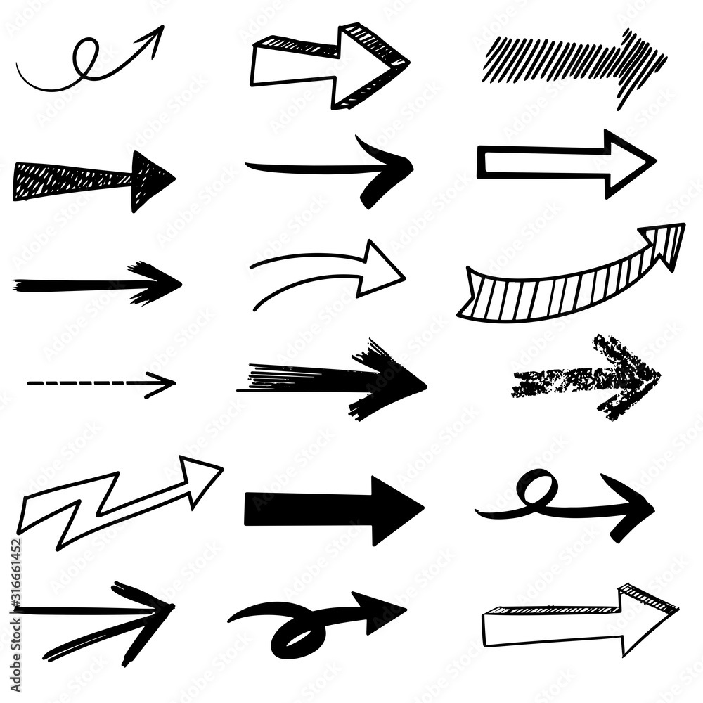 hand drawn arrows vector with doodle style isolated on black background for business element or decorative design. hand drawn arrows vector with doodle style isolated on black background for business element or decorative design.