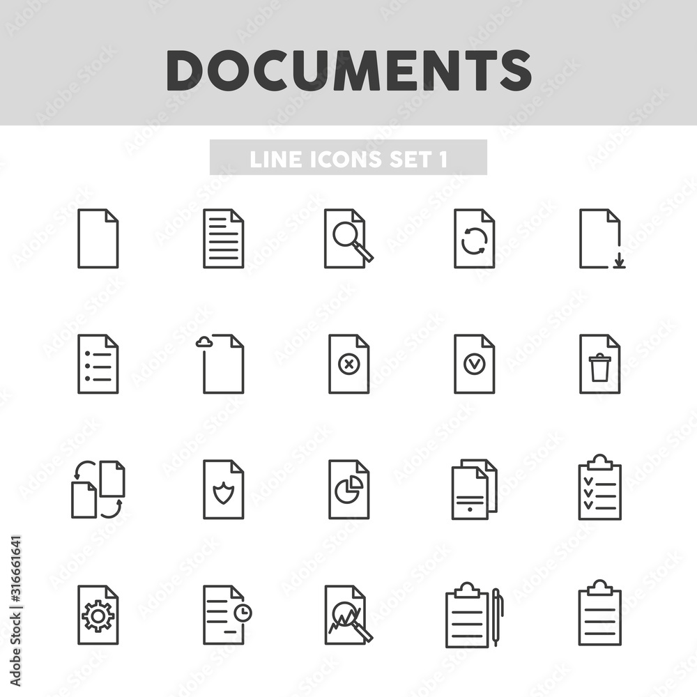 Documents simple set line icons. Files, papers, contracts and etc. Vector illustration symbol elements for web design. Documents simple set line icons. Files, papers, contracts and etc. Vector illustration symbol elements for web design.