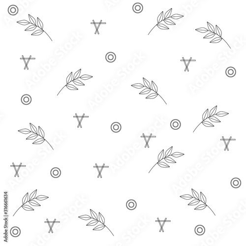 Branches with leaves, with additional decorative elements contour black and white background, seamless pattern, vector
