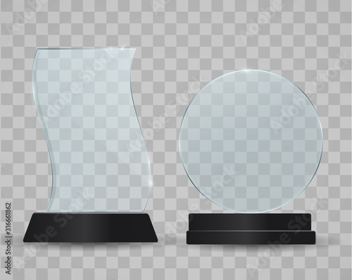 Set of transparent glass awards, trophy glass table display. plastic clear stand reflection shiny plates vector isolated template