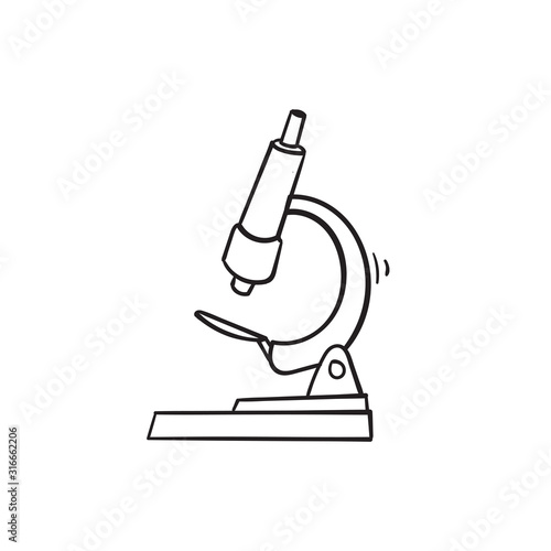 doodle microscope. hand drawn chemistry, pharmaceutical instrument, microbiology magnifying tool. Symbol of science, chemistry and exploration. Vector lab microscope illustration icon