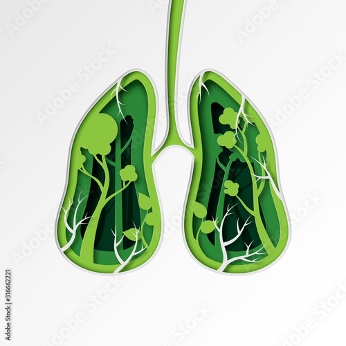 Green lung of nature concept paper art style.Environment and ecology conservation sustainable resource concept.Vector illustration.