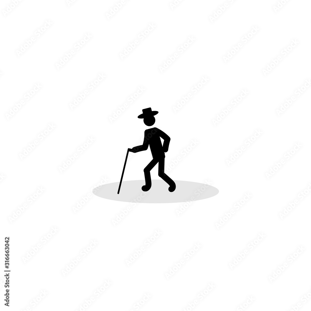 An elderly man suffering from back pain. An old man with a cane. Back pain icon.