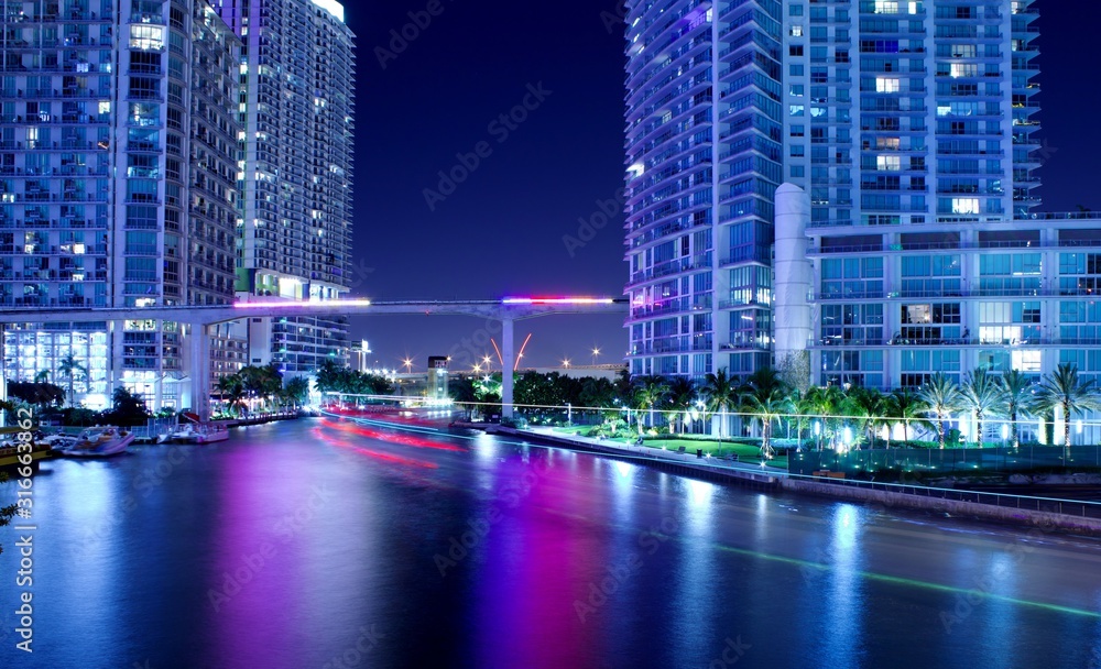 river, night, miami, florida, cityscape, long exposure, urban, downtown, illuminated, reflection, city, USA
