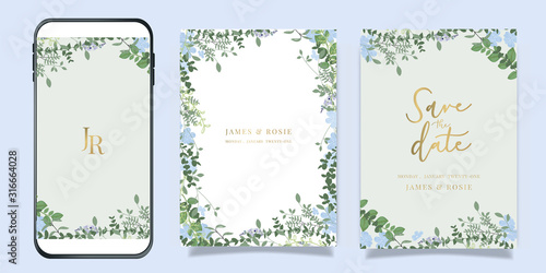Summer Flower Wedding Invitation set, floral invite thank you, rsvp modern card Design in blue flower and leaf greenery  branches with blue background decorative Vector elegant rustic template
