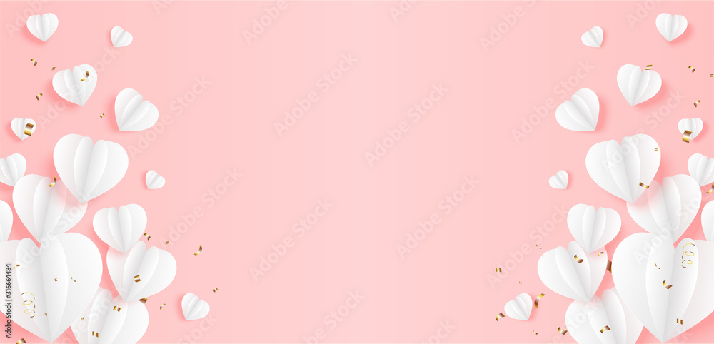 Valentines day background decorated with white paper hearts and confetti ,design on pink background. Vector illustration.	