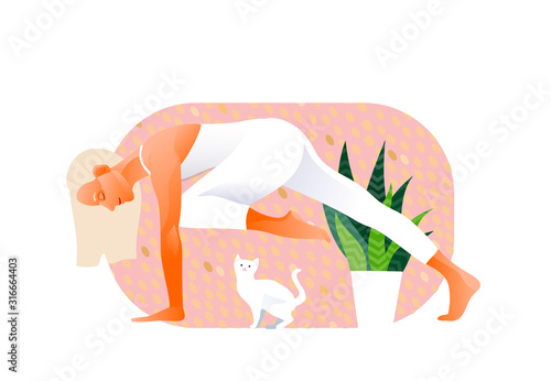 Woman practicing yoga exercise, yoga pose. Cat bothers. White kitten. Design concept of web page design or mobile website. International Yoga Day. Vector illustration