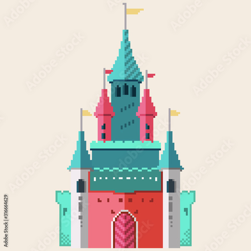 Pixel castle for games and web sites. Castles and fortresses vector icons. Pixel art. Old school computer graphic style.8 bit.