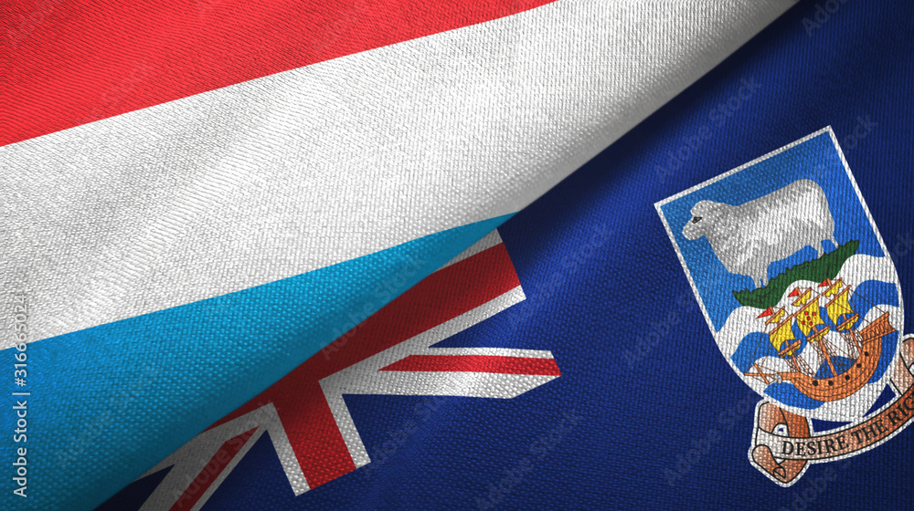 Fototapeta premium Luxembourg and Falkland Islands two flags textile cloth, fabric texture