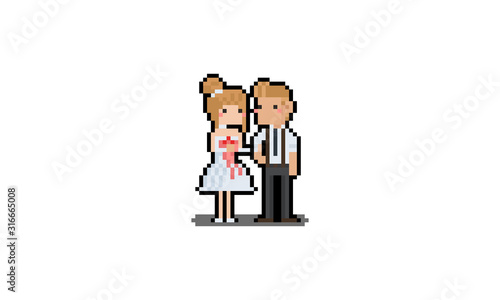 Pixel art cartoon couple in wedding cloth character.